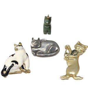 Cat Brooches Lot of 3 AJC, Barker 1996 Pewter, Jade Charm, Enamel Tuxedo